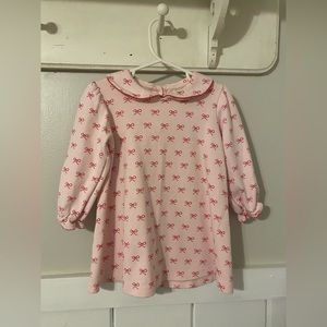 Beaufort bonnet, pink bow print dress with Peter Pan collar and elbow details